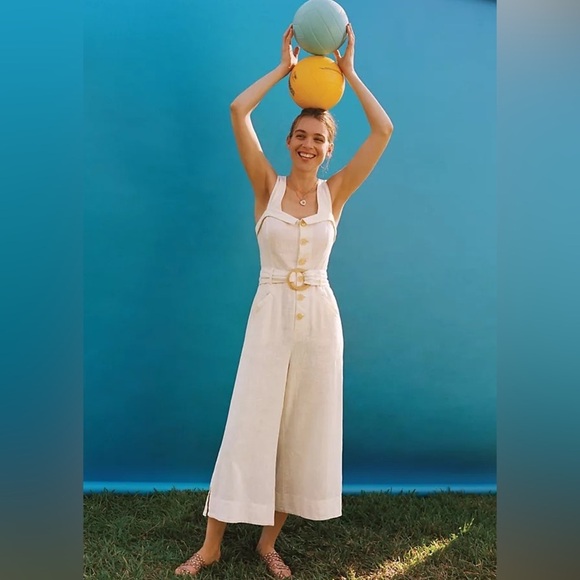 Anthropologie Cape Cod Linen Blend beige wide legs cropped Jumpsuit size 2 - Picture 3 of 10